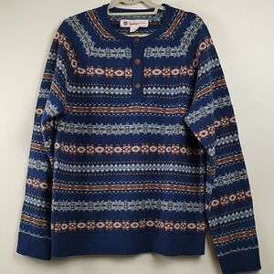 Lucky Brand Lambswool Striped Fair Isle Henley Sweater Unisex Size L